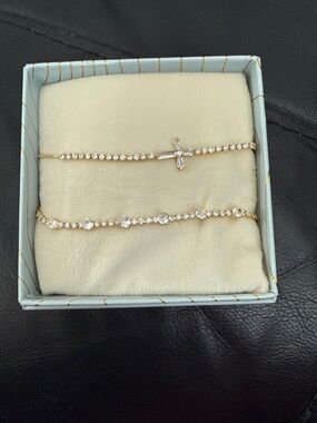 Gold Crystal Cross and Stationed Tennis Bracelet Set - Gold